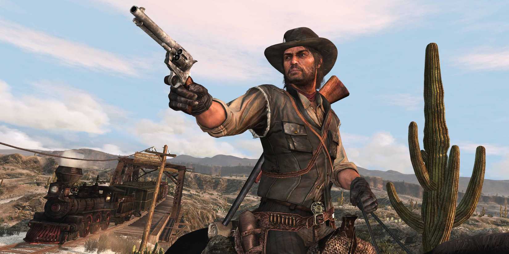 John Marston holding up his Cattleman Revolver while on a horse in Red Dead Redemption