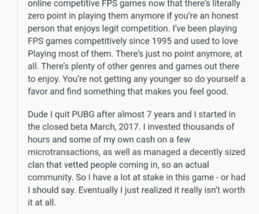 Comment of the year by an OG talking about how pointless PvP FPS is and will remain until something changes in regards to cheating