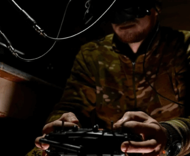 Ukrainian drone operator at the controls of an FPV drone - from the Ukrainian Air Force.