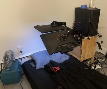 My back started to hurt a few years ago, my cable management is a nightmare but what works, works. This is “Small Bed”