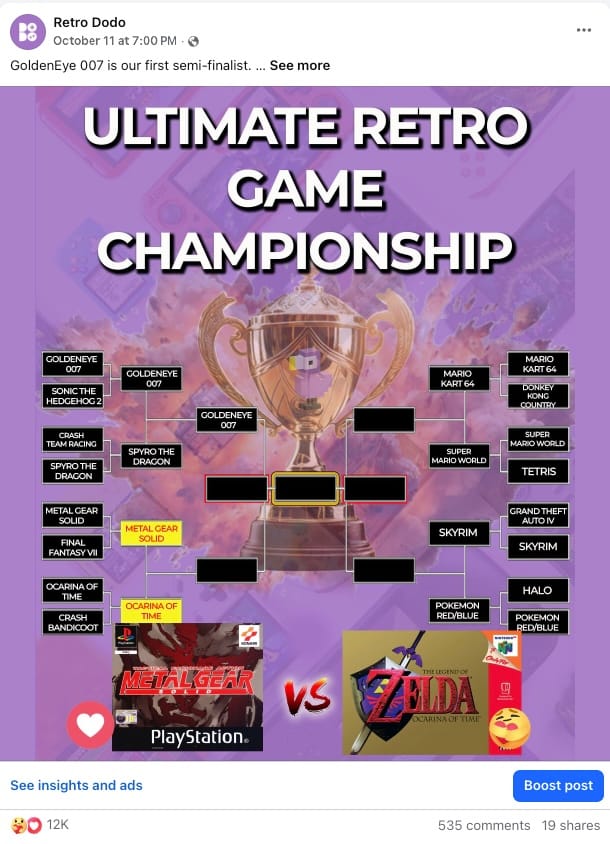 A screenshot from the Retro Dodo Facebook page showing Metal Gear Solid vs Ocarina of Time. There are 12,000 votes.