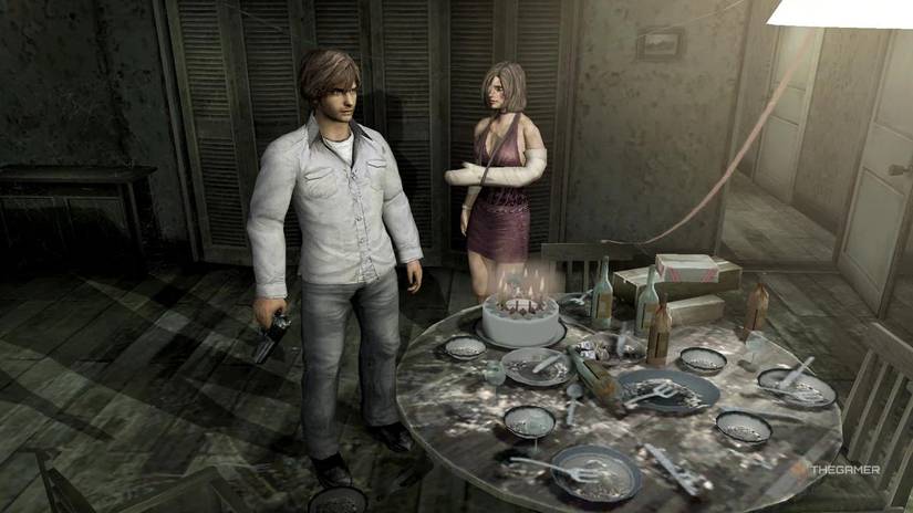 Henry Townsend standing next to a cake in Silent Hill 4: The Room.