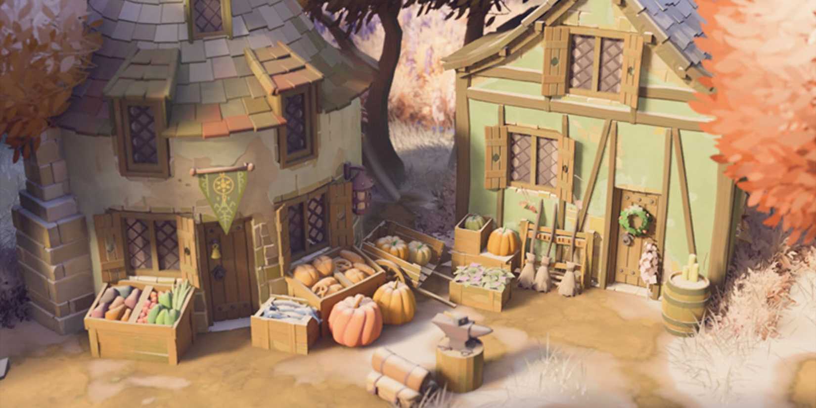 Two stone buildings surrounded by boxes of vegetables in the snow in Tiny Glade.