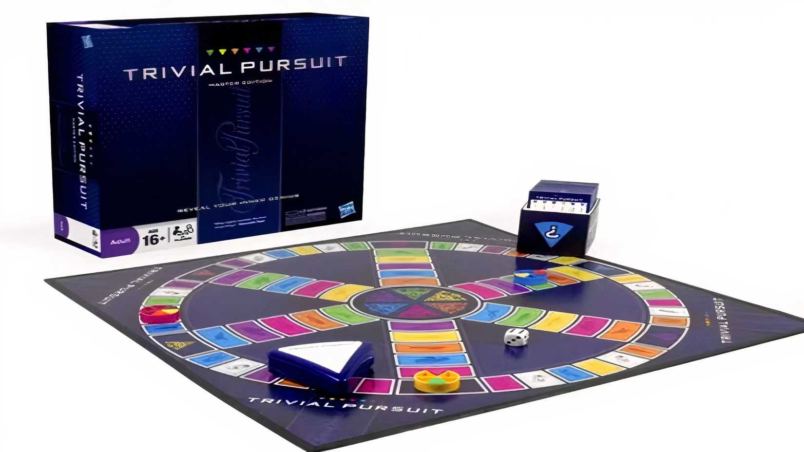 Trivial Pursuits board setup and ready to play next to the game box.