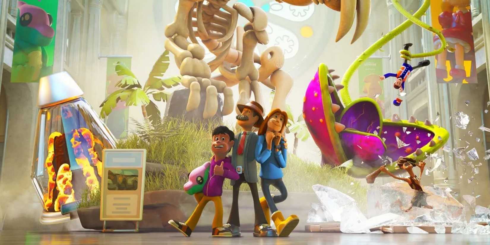 Two Point Museum key artwork featuring a family standing in front of chaotic museum exhibits