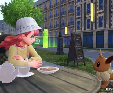 A trainer sat with an Eevee at a cafe in Pokemon Legends: Z-A.