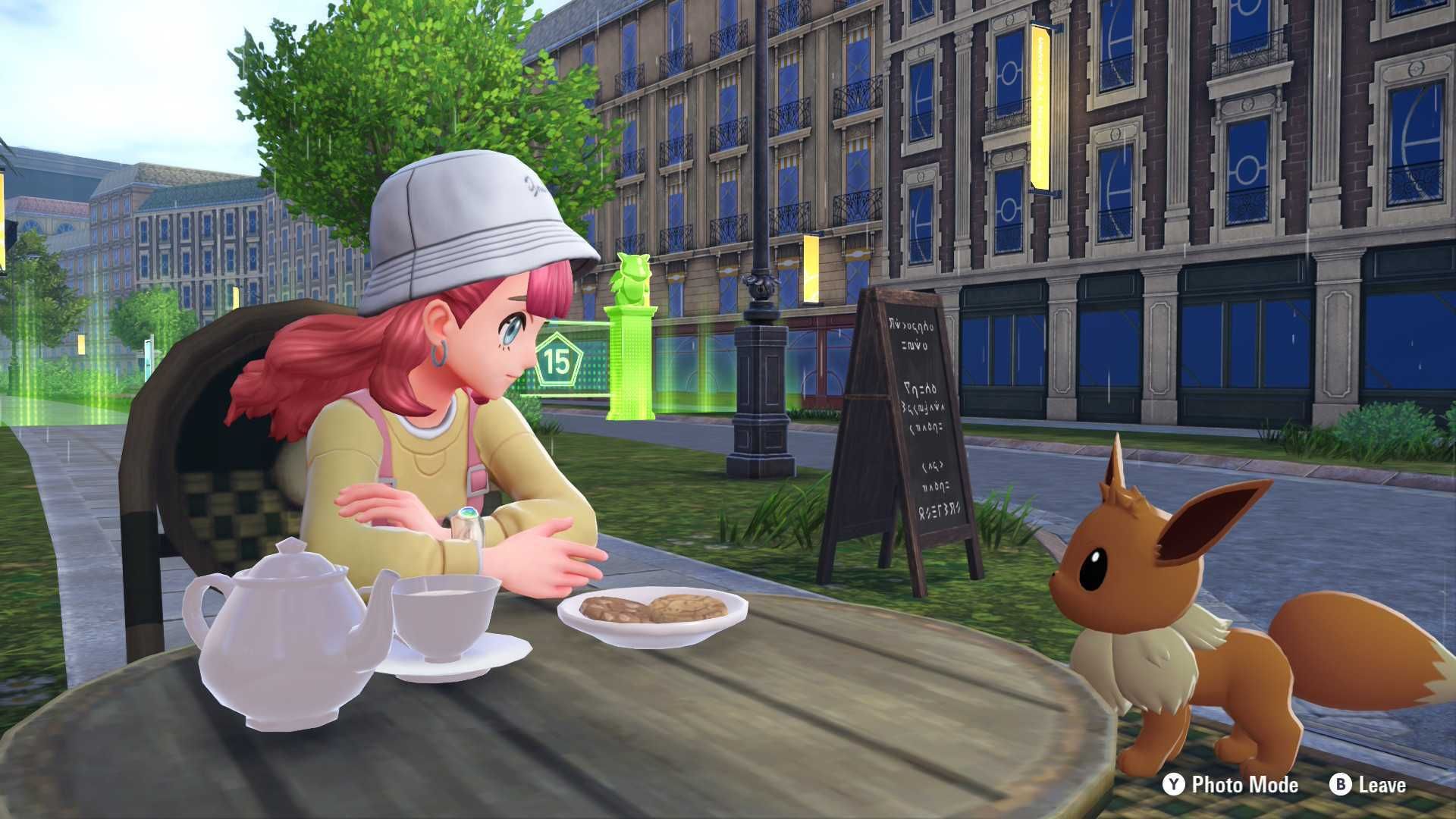 How to increase friendship in Pokemon Legends: Z-A A trainer sat with an Eevee at a cafe in Pokemon Legends: Z-A.