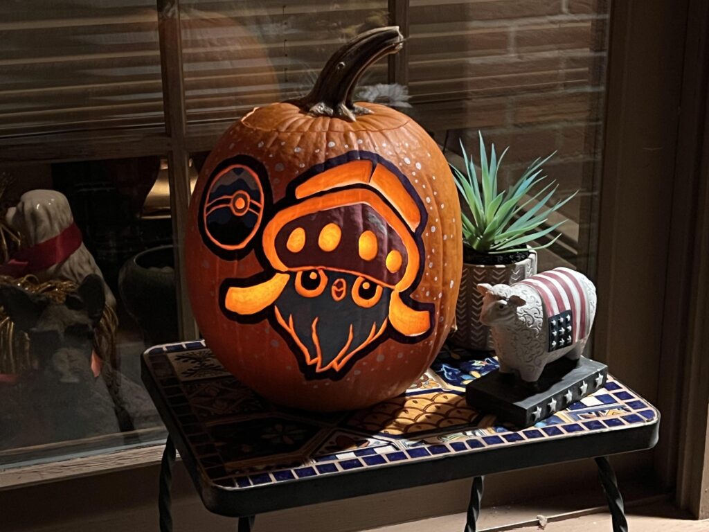I carved and painted this year’s pumpkin with my favorite Pokémon, Inkay!