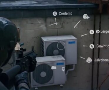 A soldier considers the AI-generated options on their radial menu while aiming at a pair of conjoined twin air conditioners.