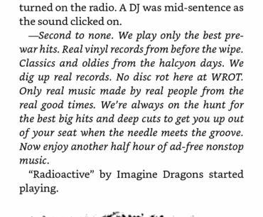 It's many years into the future, we've lost all digital data, and one mega-corp rules the world. Radio stations pride themselves on playing the vintage analog tracks.