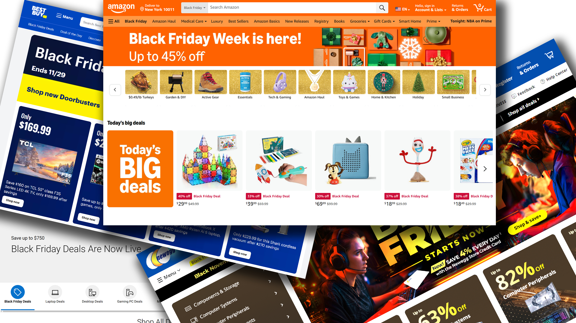 Collage of different retailers' Black Friday pages