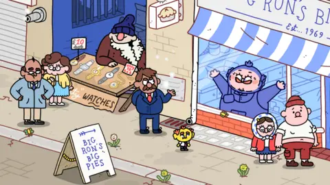 Coal Supper Games A screen shot of the game Thank Goodness You're Here by Barnsley developers Coal Supper Games. The scene is a street scene of the cartoon town of Barnsworth, based on Barnsley. The front of the shop Big Ron's Big Pies is visible, as is a character selling watches from a market stall.