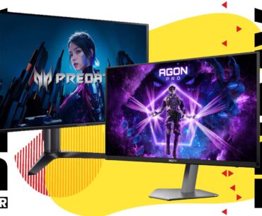 Two 27-inch OLED gaming monitors on a colourful Black Friday deals background with the PC Gamer logo in the bottom right