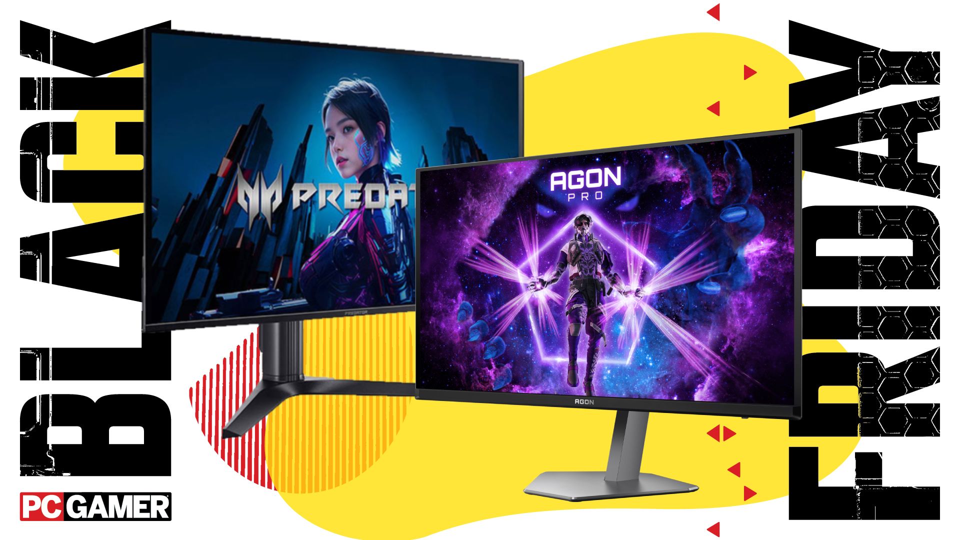 Proof that OLED gaming monitors are finally dropping in price: These two 27-inch beauties are $400 each this Black Friday Two 27-inch OLED gaming monitors on a colourful Black Friday deals background with the PC Gamer logo in the bottom right