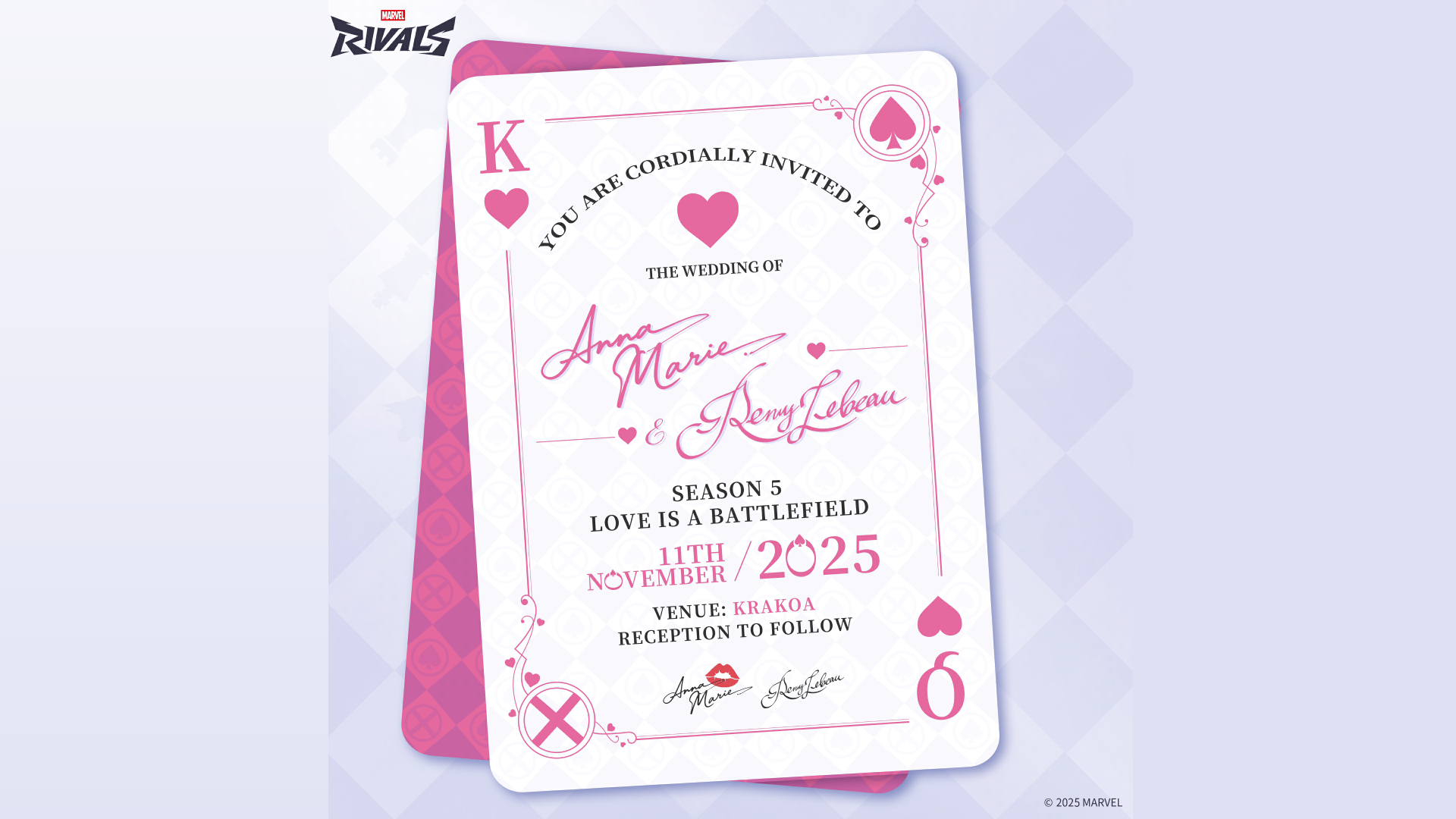 A wedding invitation to Rogue and Gambit's wedding, written on a playing card
