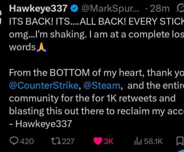 Steam just reverted the applied stickers the hacker put on Hawkeye337s guns!