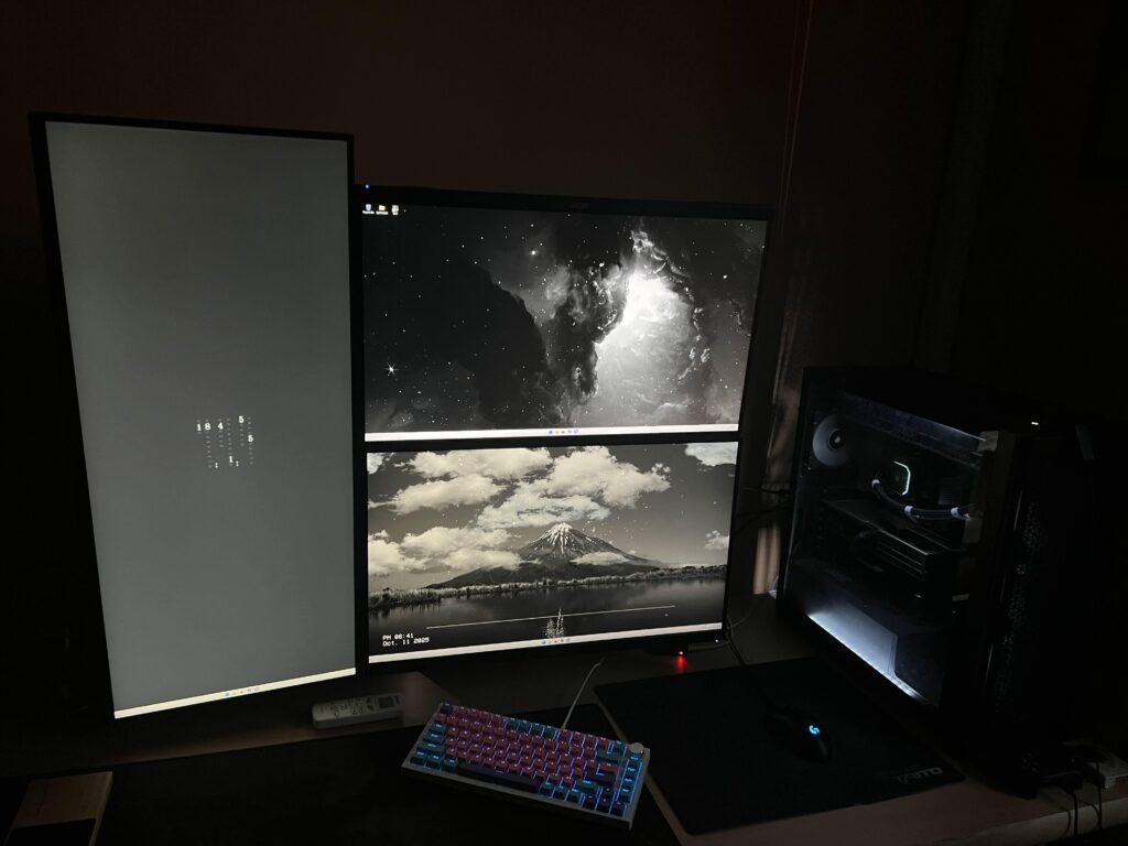 I haven't seen many setup with this exact monitor configuration so I thought to share mine