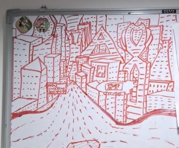 Got bored at work, drew a cyberpunk cityscape on the whiteboard