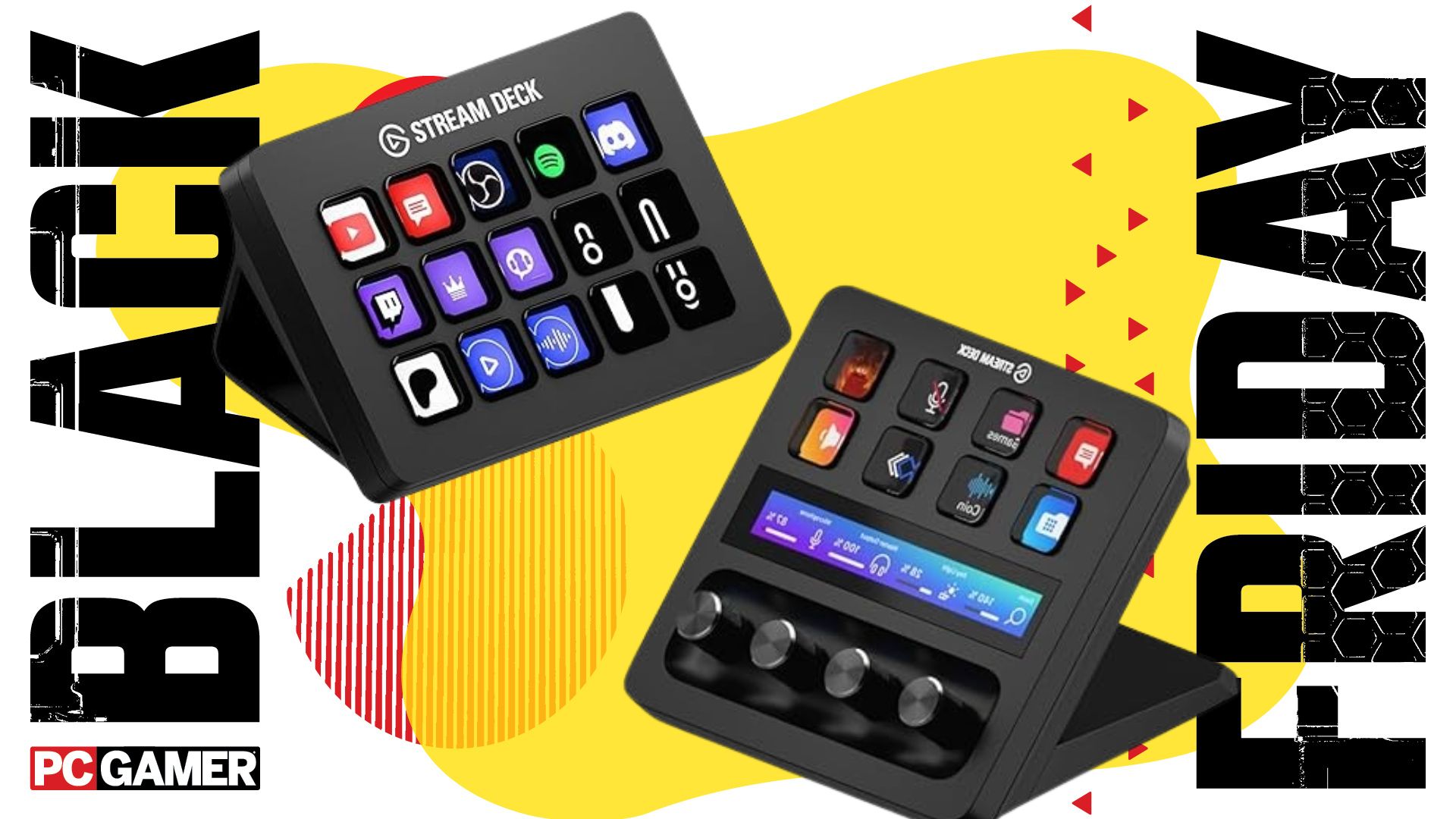 Elgato Stream Deck + and Stream Deck MK.2 on a yellow Black Friday background