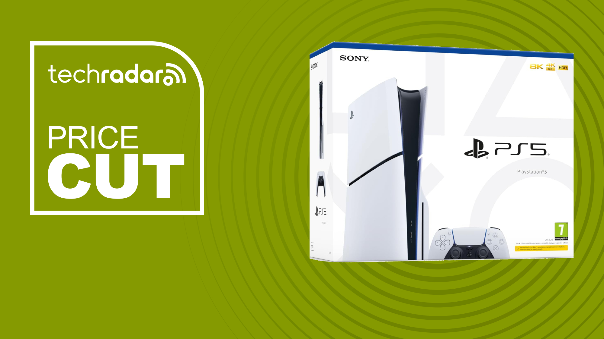 A Sony PS5 Slim box on a green background with white TechRadar branding and price cut text