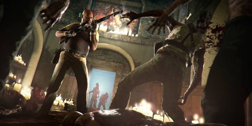 A promo image for Left 4 Dead 2 showing a guy with a gun shooting oncoming zombies
