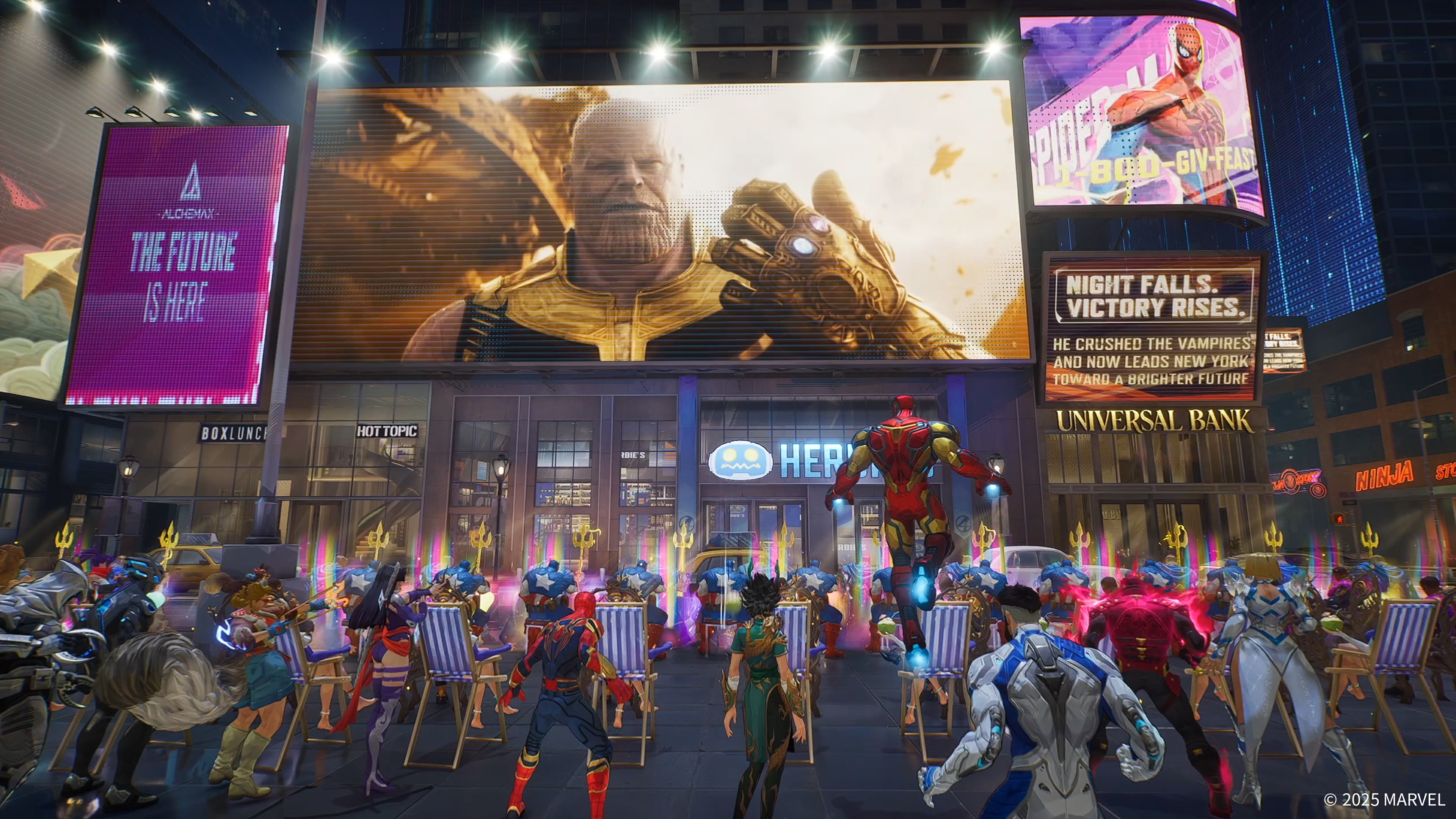 Players gather in Times Square, watching Endgame on a big billboard-sized screen