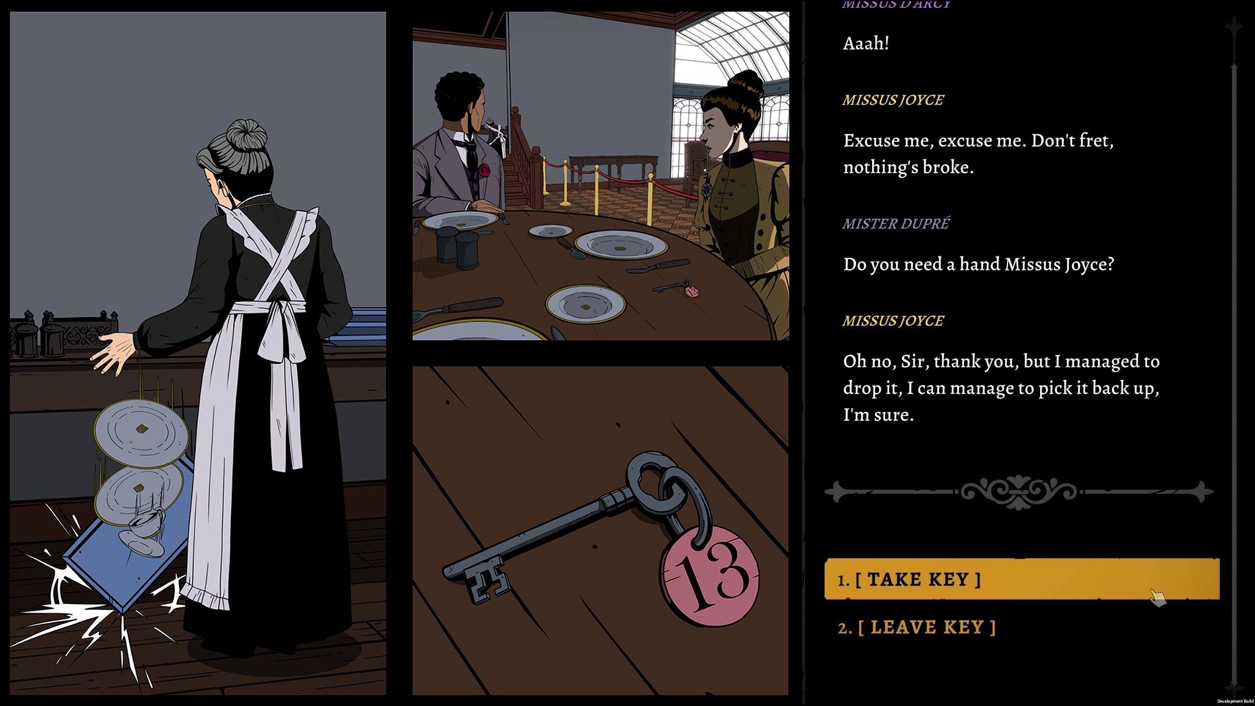 Attending breakfast in The Seance of Blake Manor with the option to swipe a room key while guests are distracted by a maid dropping some plates