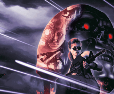Promotional art for Terminator 2D: No Fate, showing Sarah Connor wielding a sniper rifle, superimposed onto a T-800 endoskeleton head and the T-1000 reforming after being shot in the head.