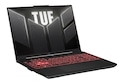 A product image featuring the black color 16-inch ASUS TUF A16 Gaming Laptop presented open with the keyboard illuminated in red.