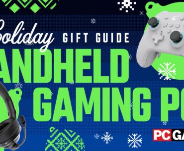 Two products and a holiday-themed background with the PC Gamer logo.