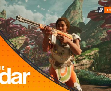 On the Radar-branded The Outer Worlds 2 screenshot featuring Inez firing a rifle