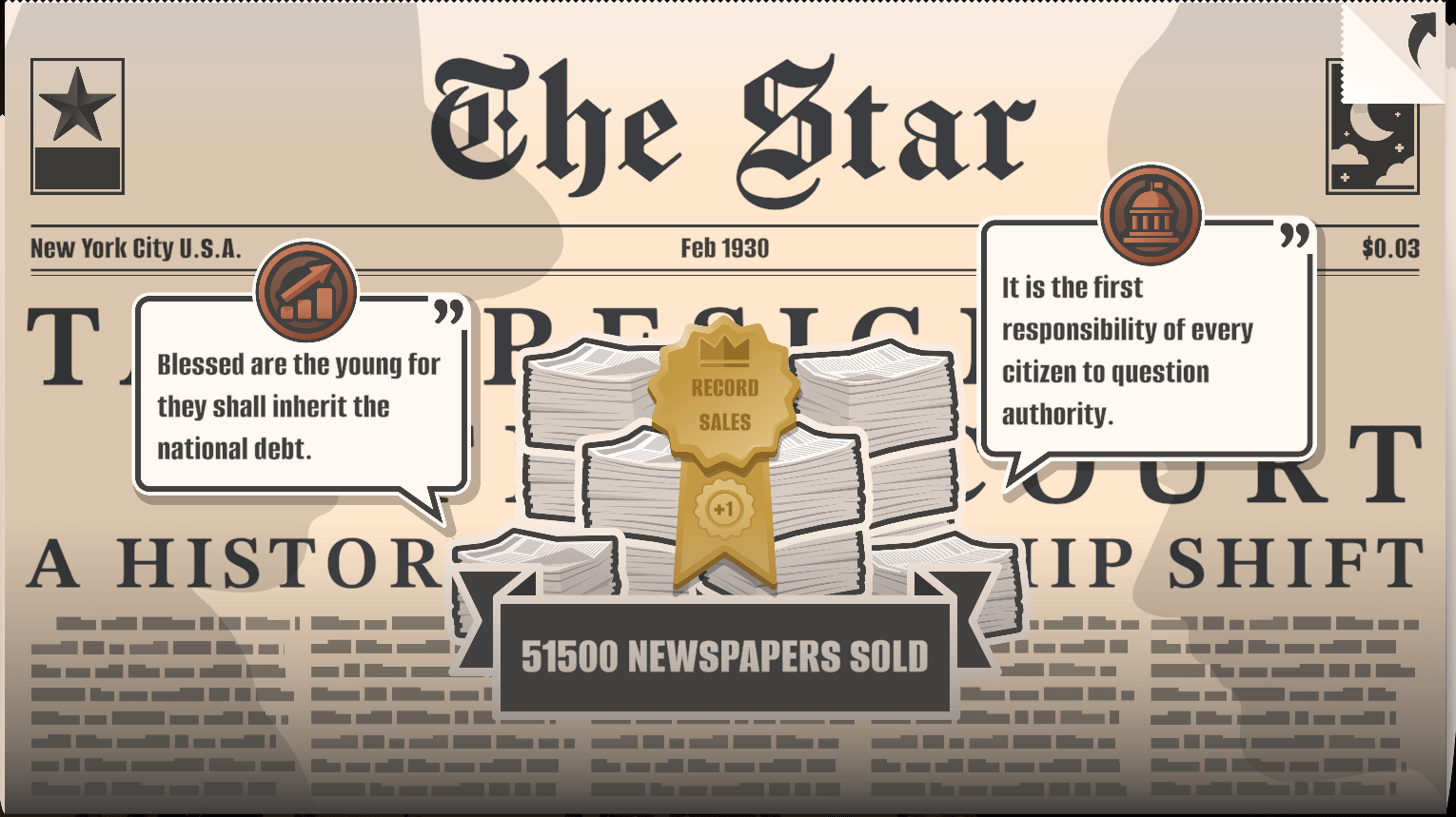 Screenshot from News Tower featuring a picture of The Star newspaper covered with blurbs and a seal representing a record number of sales.