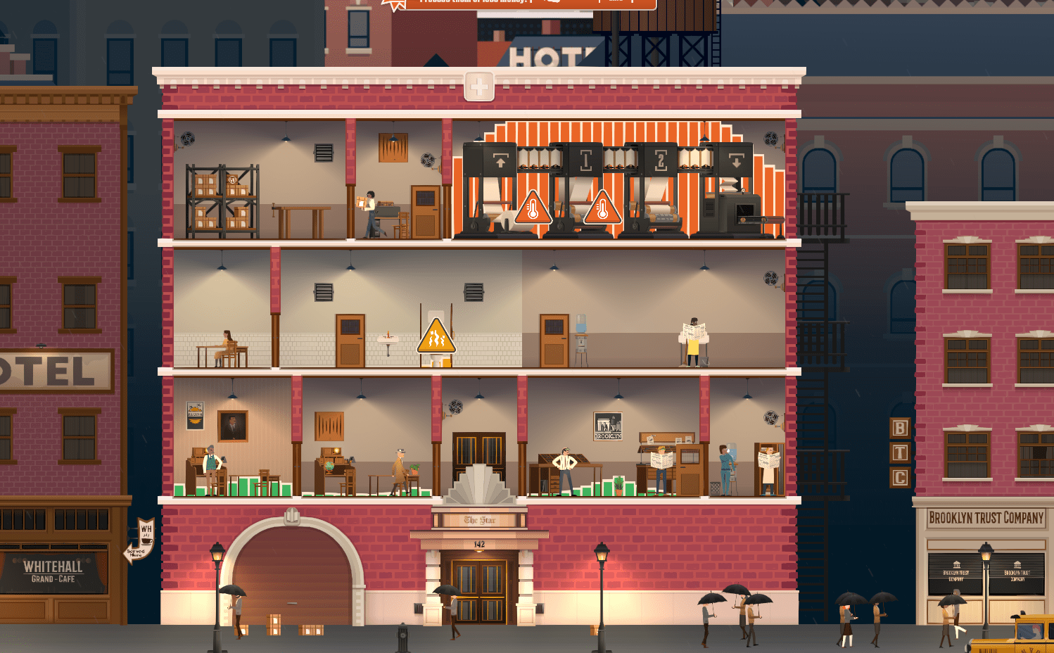 Screenshot from News Tower featuring a cross section of a very ugly multi-story building with people inside doing various news releated tasks