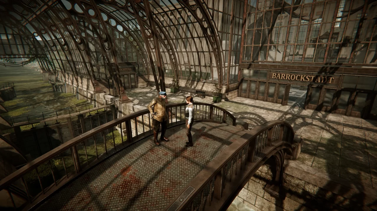 Kate Walker talks with an old gardener on a bridge in Syberia - Remastered. 