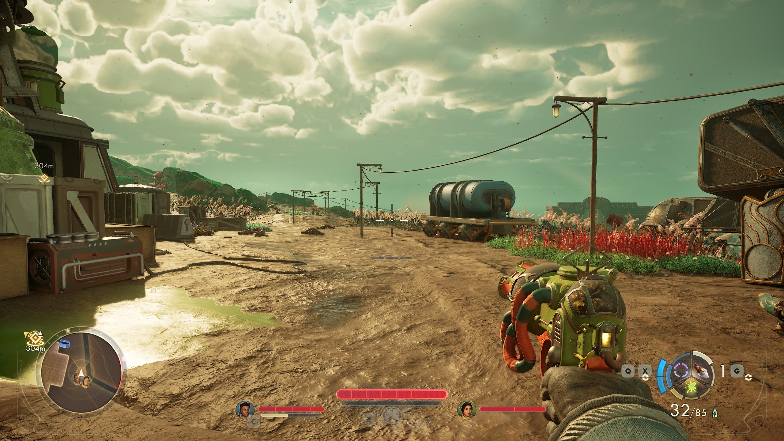 Exploring Paradise Island while holding a bio pistol in The Outer Worlds 2