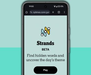 NYT Strands homescreen on a mobile phone screen, on a light blue background