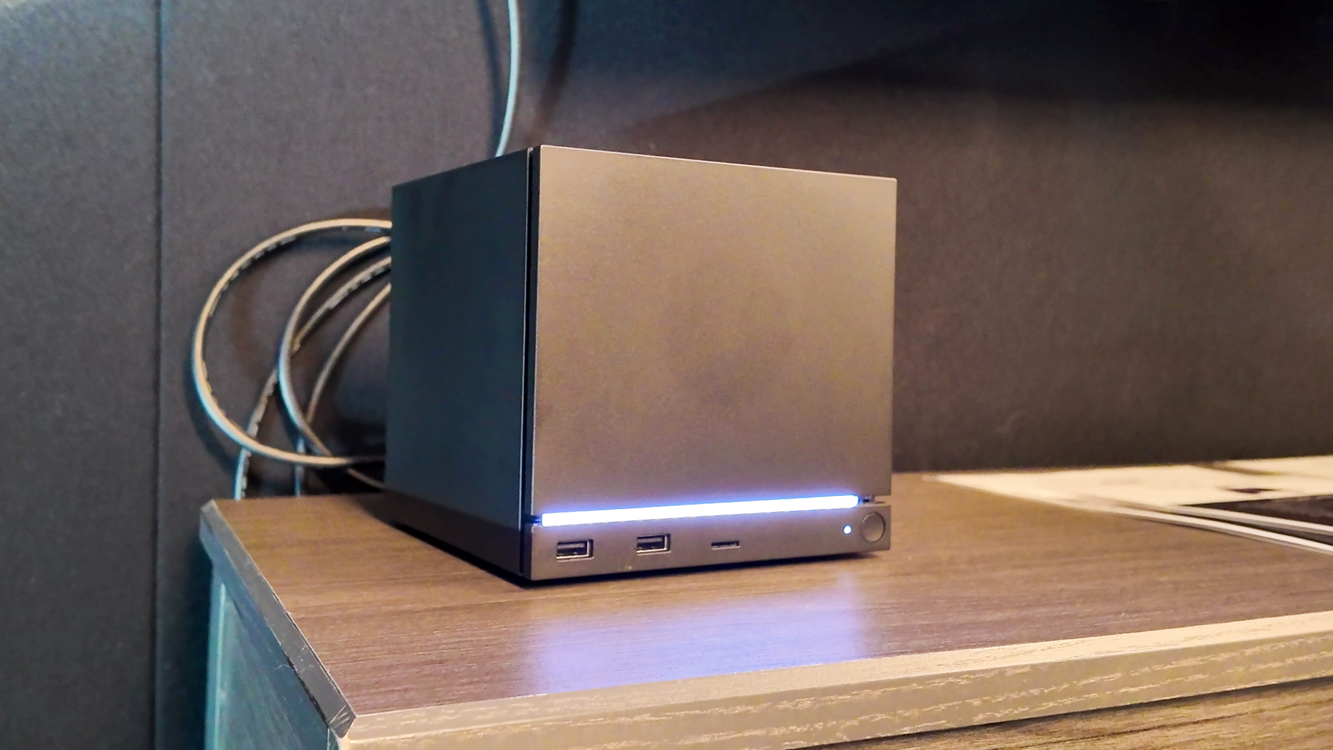 Valve's new Steam Machine during a visit to Valve HQ in Bellevue, Washington. The Steam Machine is a compact living room gaming PC.