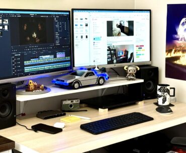 New shelf for monitors and a DeLorean I scored last night at the local theater
