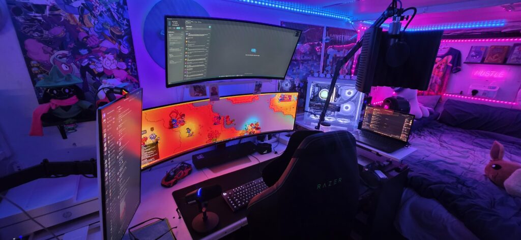 Updated! Upgraded the shelf for the PC so it could face more torwards me and upgraded the watercooler and bottom fans. I got the all white aesthetic I was looking for!