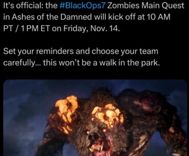 The Ashes of the Damned main quest unlocks at 1 PM EST on Nov. 14.