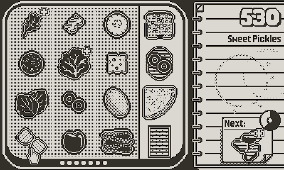 A still from the Playdate game Cheese n Crackers showing a cutting board with various meats, vegetables, cheeses and crackers