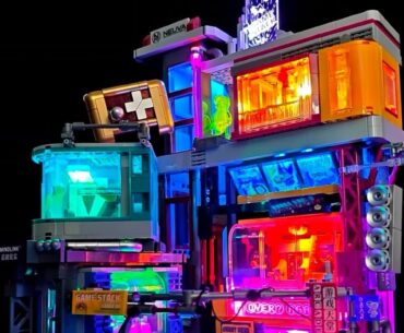 The neon-lit streetlights create an atmosphere reminiscent of a cyberpunk world