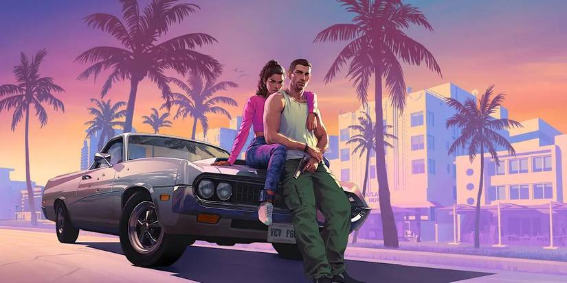 A man and a woman sit on the hood of a car with a pastel sunset in GTA 6.