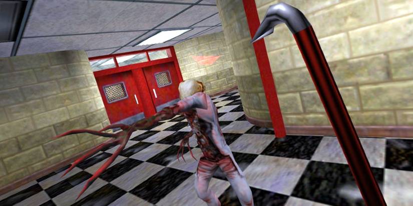 Half-Life main character with crowbar in front of alien.