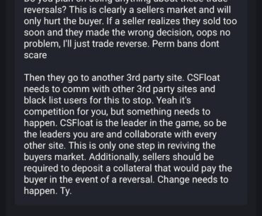 Potential changes to CSfloat to stop trade reversal.