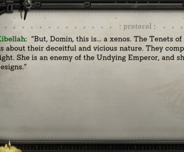 This is pretty standard dialogue for a companion  in Warhammer 40k: Rogue Trader. Love my unhinged homies.