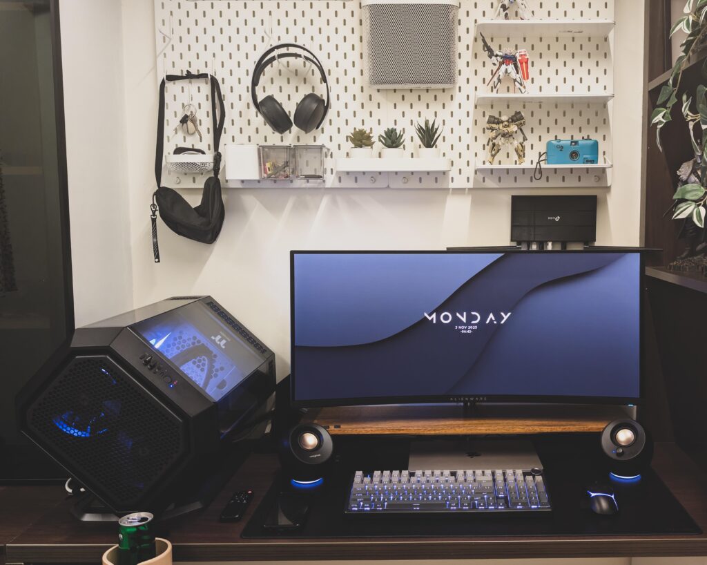 A compact home-office/gaming setup with monochrome RGB