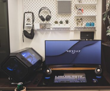 A compact home-office/gaming setup with monochrome RGB