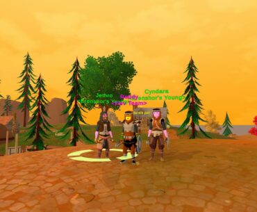 Screenshot from Erenshore, showing three old-school style mmo characters standing on a sunsetting hill.