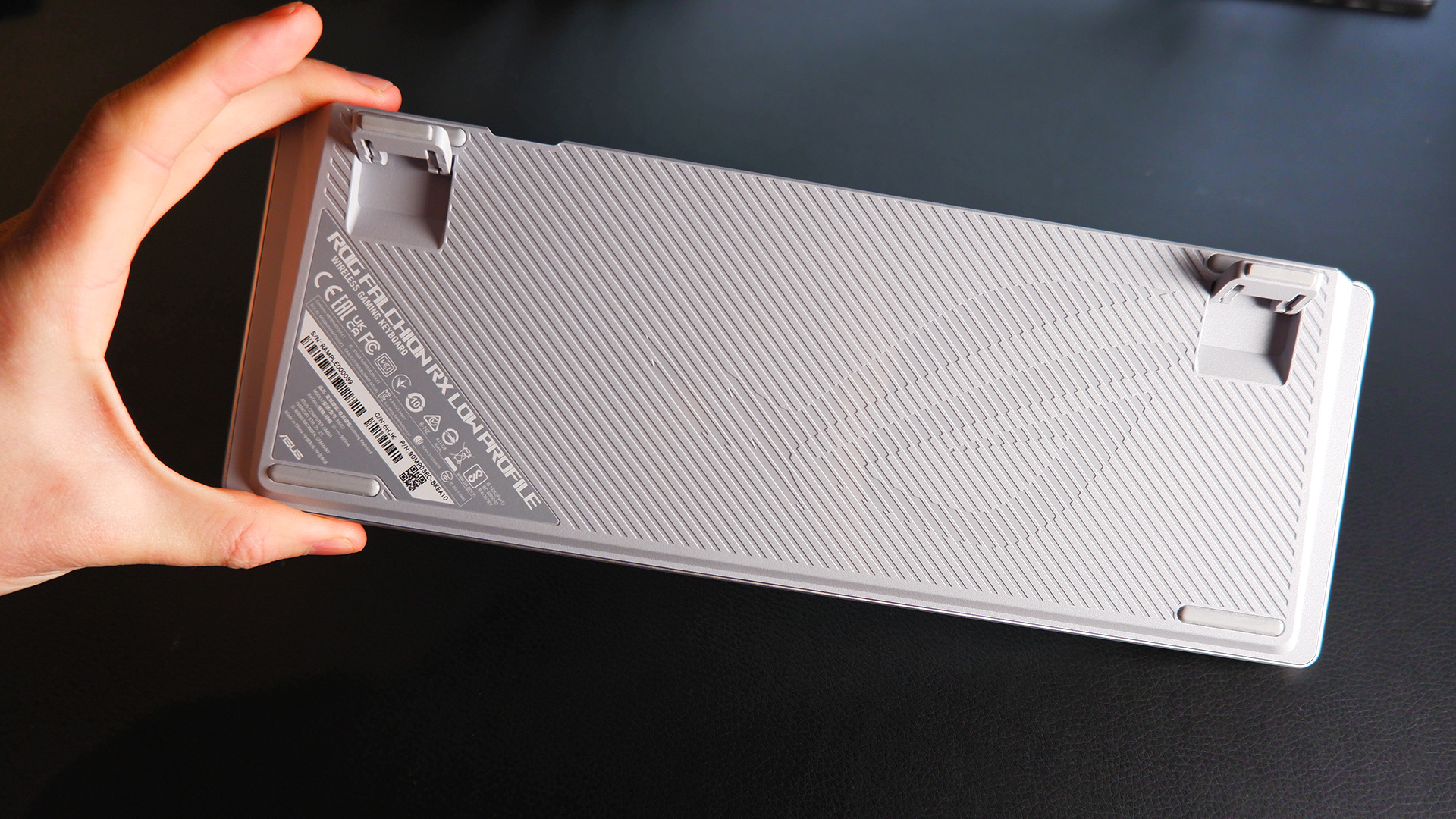 The ROG Falchion RX gaming keyboard in white set up on a desk. 